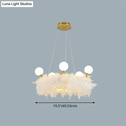 Nordic Gold and White Feather Crown Chandelier for Girls' Room - Elegant Suspension Lighting