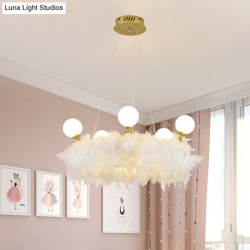 Nordic Gold and White Feather Crown Chandelier for Girls' Room - Elegant Suspension Lighting