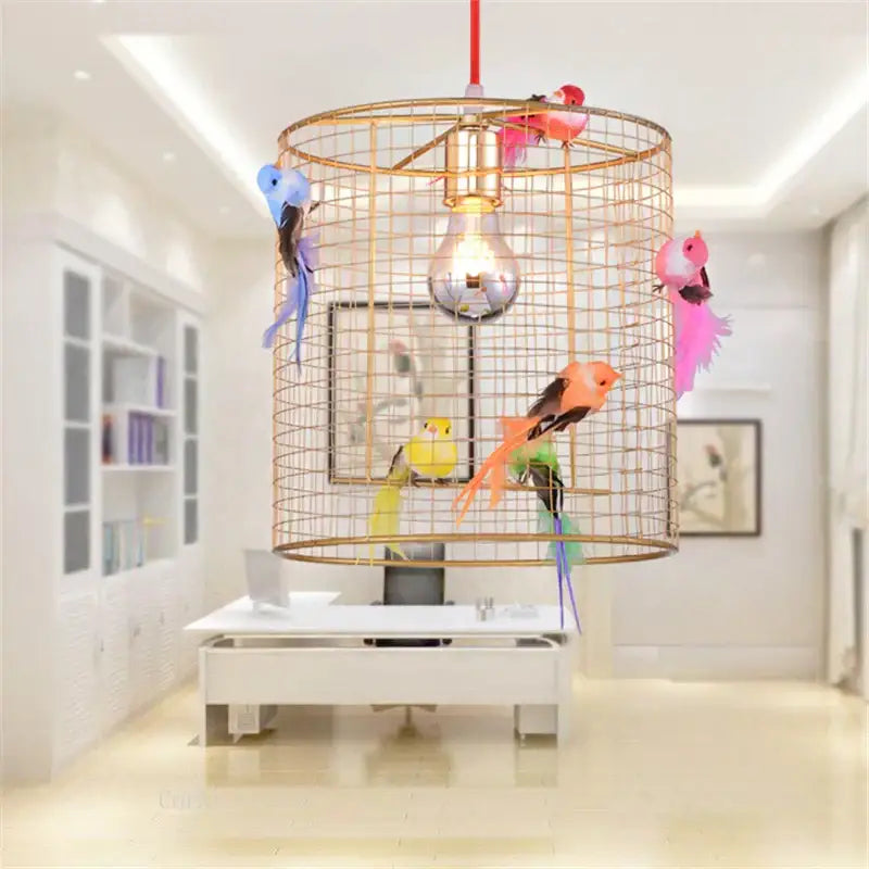 Nordic gold bird cage pendant lamp with colorful paper birds inside for bedroom decorbites bird cage pendant lamp