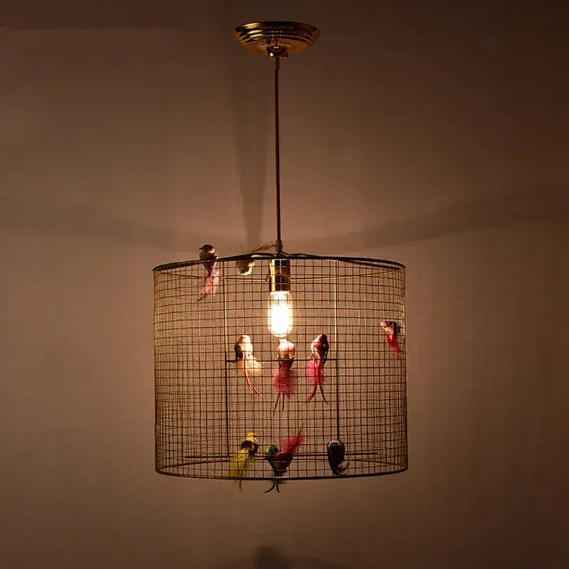 Nordic gold bird cage pendant lamp with colorful decorative birds warm glow brass ceiling mount decorbites bird cage