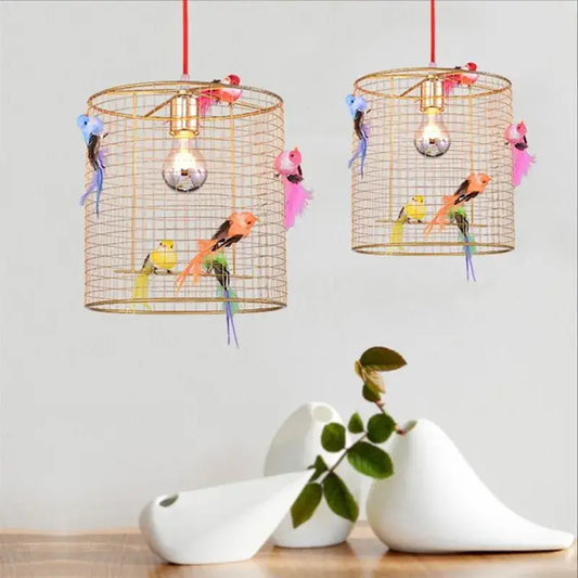 Nordic gold bird cage pendant lamp featuring colorful paper birds for bedroom decorbites bird cage lighting