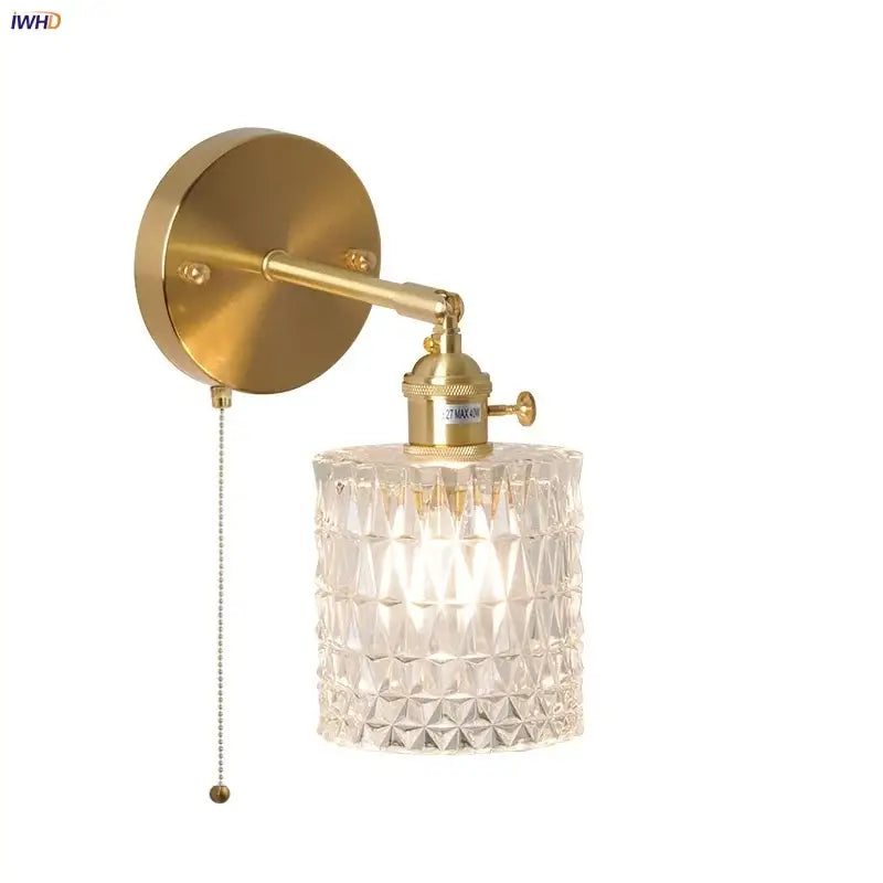 Nordic gold brass led wall sconce with faceted clear glass shade and adjustable arm for bedroom decorbites brass led wall