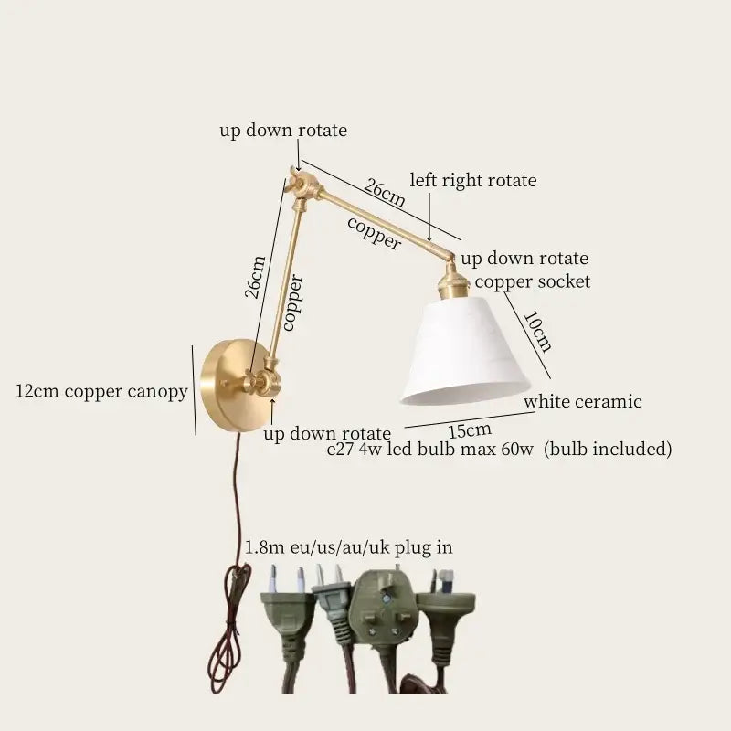 Copper adjustable wall lamp with white ceramic shade and ribbed glass designed for decorbites ceramic led wall lighting