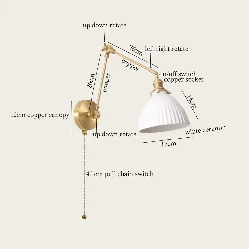 Adjustable copper wall lamp with white ceramic lampshade for decorbites ceramic led wall lighting in bedroom decor