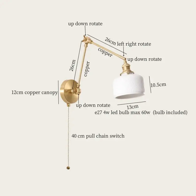 Copper adjustable wall lamp with white ribbed glass shade and pull chain switch by decorbites ceramic led wall lamp