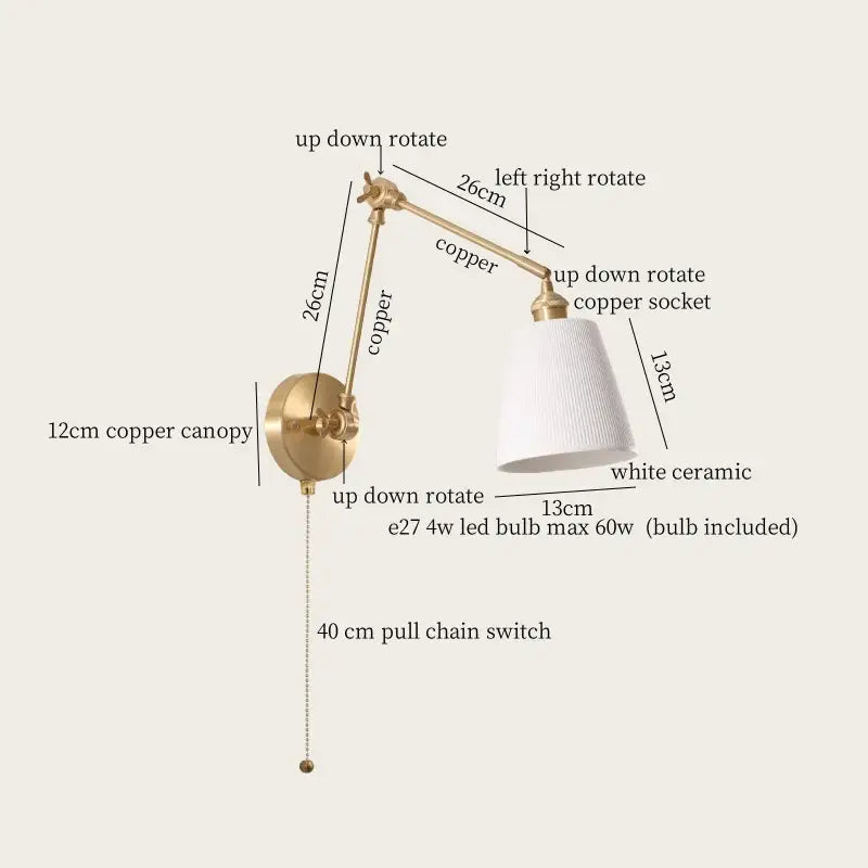 A brass-finished copper wall lamp with white ceramic shade and adjustable arm featured in decorbites ceramic led wall lamp
