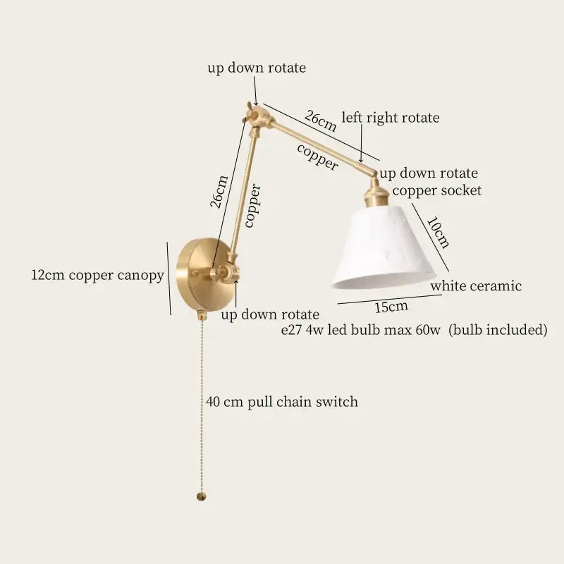 Adjustable copper wall lamp with white ceramic shade and ribbed glass for Nordic decorbites ceramic led wall lighting