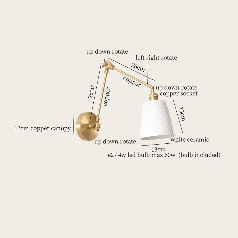 Adjustable copper wall lamp with white ceramic shade and ribbed glass in nordic gold ceramic led wall decorbites style