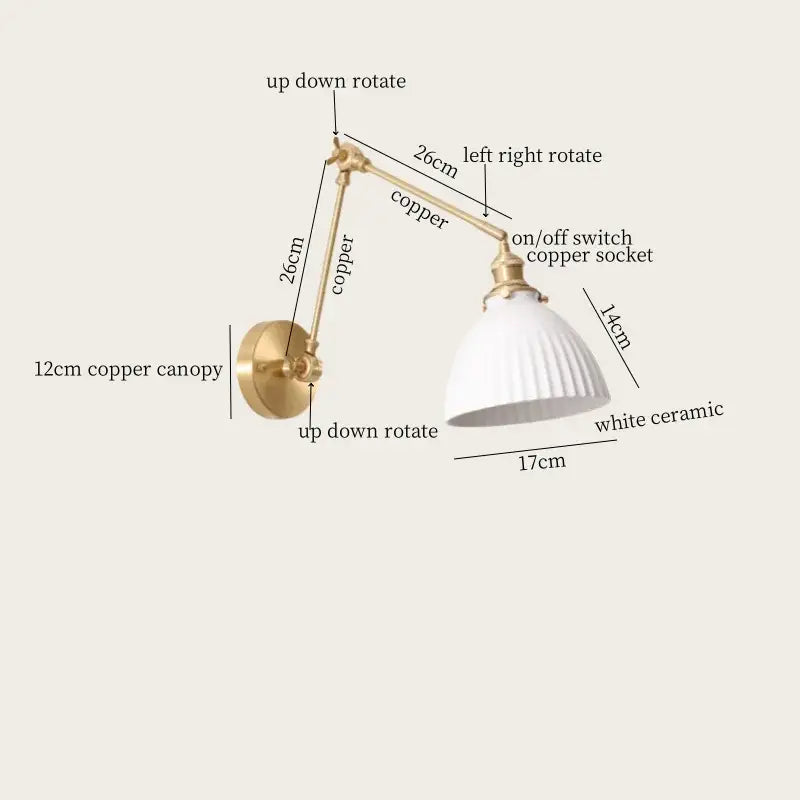 A vintage-style adjustable brass copper wall lamp with white ceramic shade for decorbites ceramic led wall lighting
