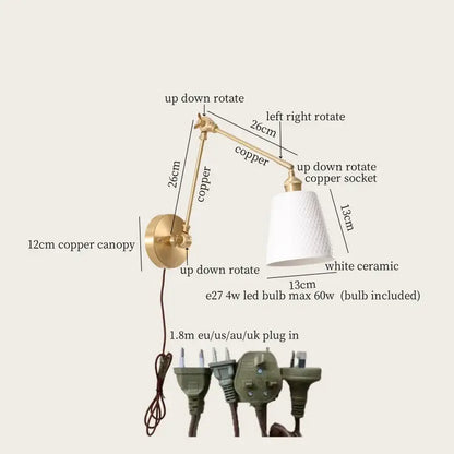 A sleek copper wall lamp with white ceramic shade and adjustable arms for decorbites ceramic led wall lighting