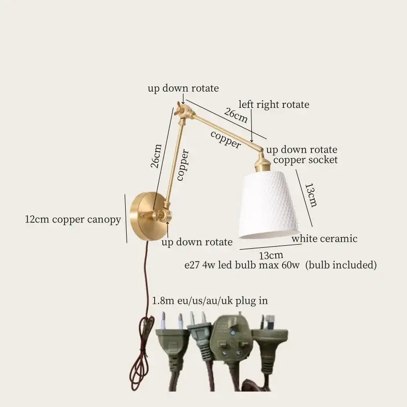 A sleek copper wall lamp with white ceramic shade and adjustable arms for decorbites ceramic led wall lighting