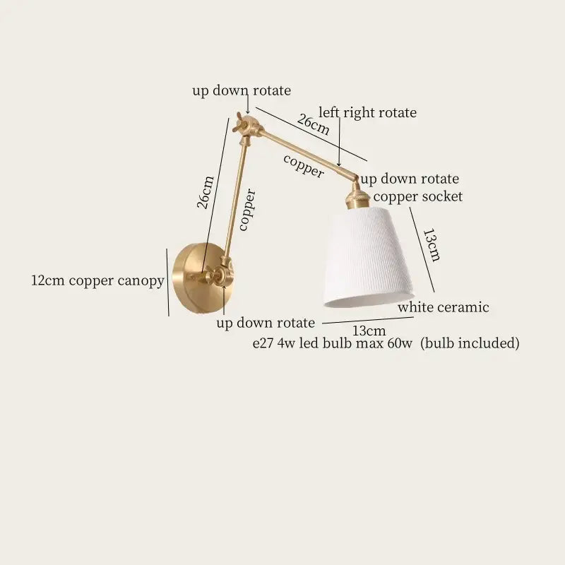 A sleek adjustable ceramic led wall lamp with polished copper finish and white ceramic shade for bedroom decorbites ceramic led