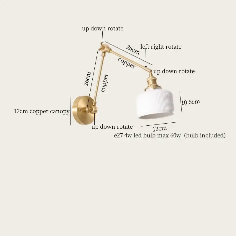 Copper wall lamp with white ribbed glass shade and adjustable arms from decorbites ceramic led wall collection