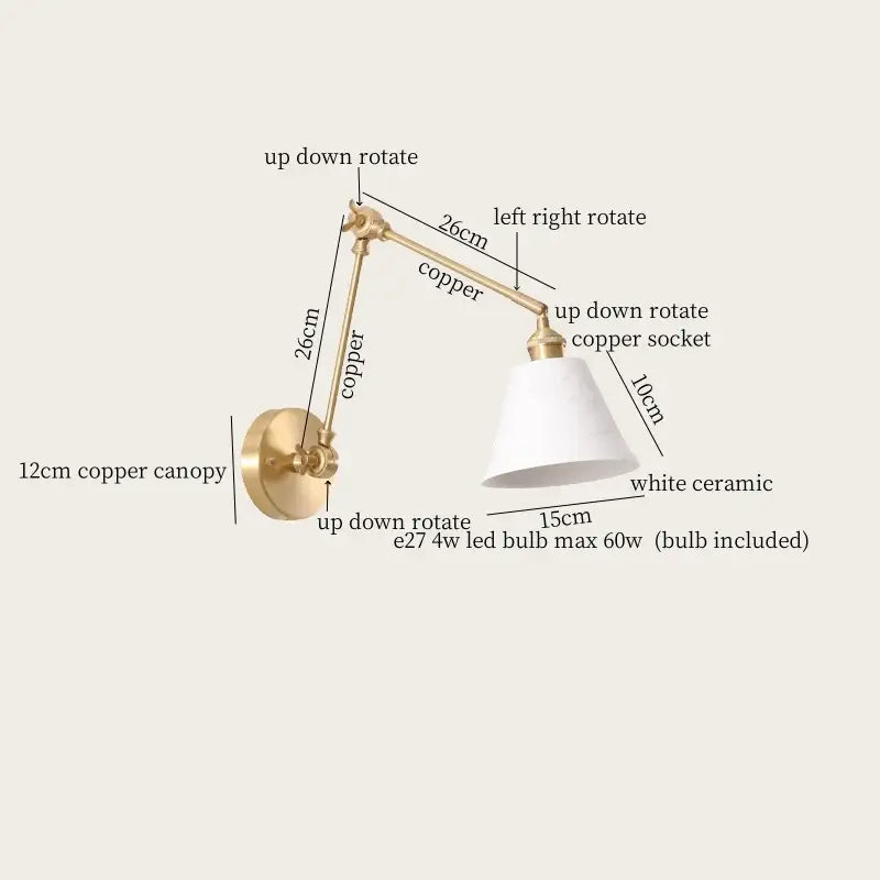 A sleek copper wall lamp with ceramic led adjustable arms and a white ceramic shade for versatile bedroom decorbites ceramic led lighting