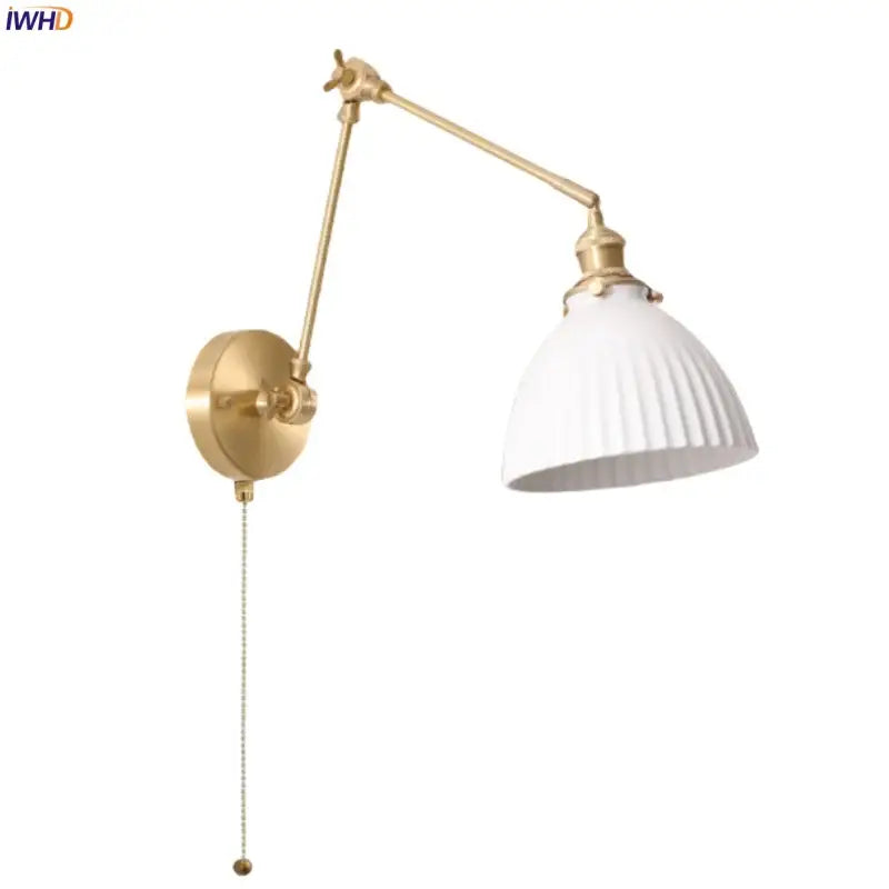Nordic gold ceramic led wall lamp with adjustable gold-finished sconce and white ribbed glass shade by decorbites