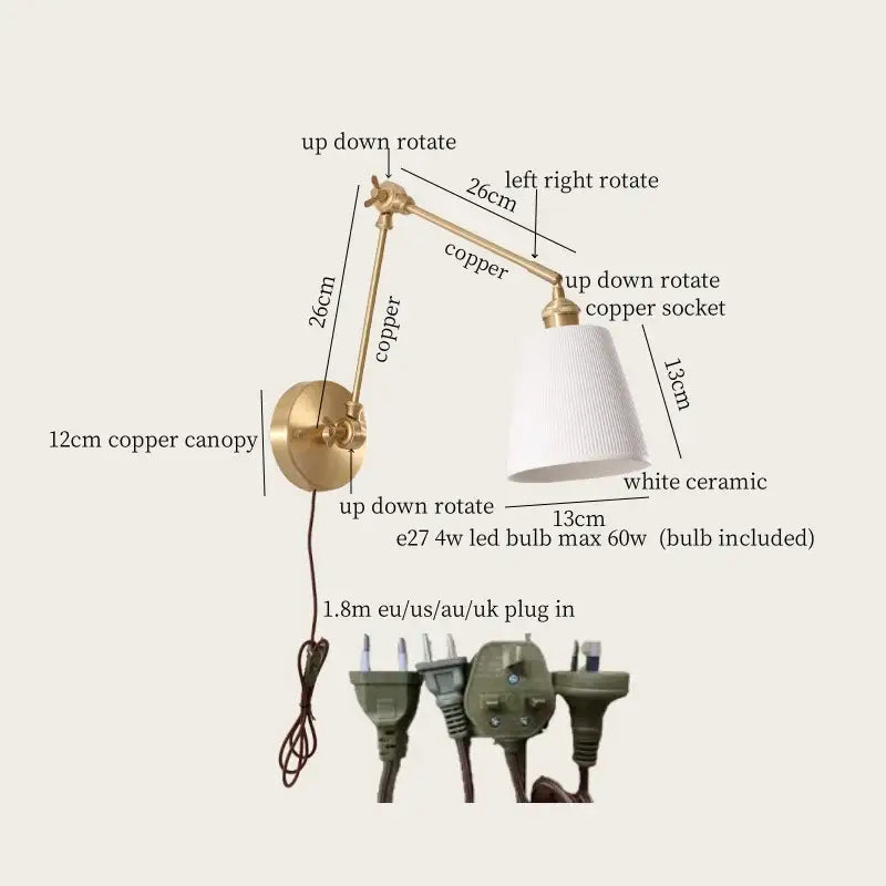 Adjustable copper wall lamp with white ceramic shade and ribbed glass detail for bedroom decorbites ceramic led wall lighting