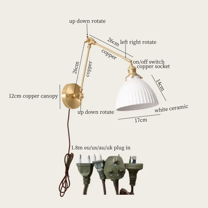 Adjustable copper wall lamp with white ceramic lampshade for bedroom decorbites ceramic led wall lighting