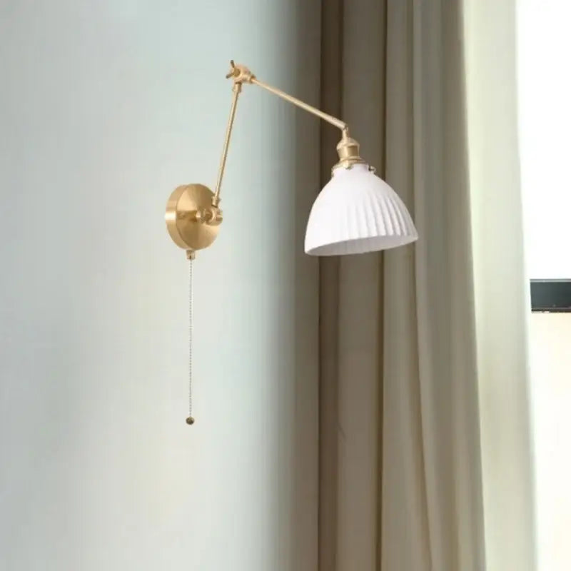 Nordic gold ceramic led wall lamp with white ribbed ceramic lampshade on brass adjustable arm for bedroom decorbites ceramic led wall lamp