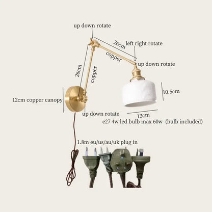 Adjustable copper wall lamp with white ribbed glass shade and included led bulb by decorbites ceramic led wall model