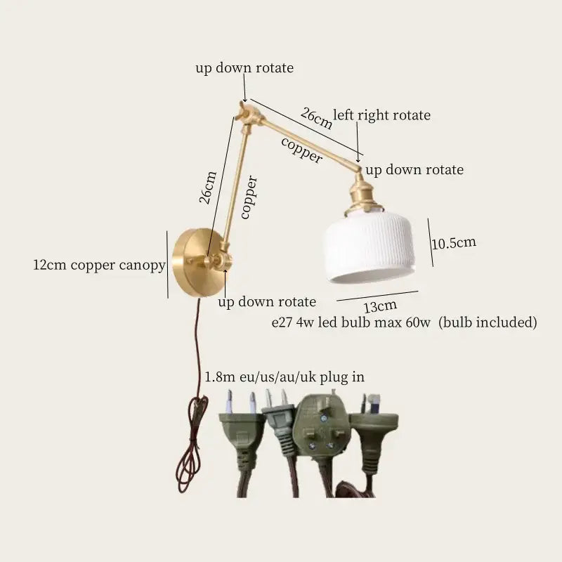 Adjustable copper wall lamp with white ribbed glass shade and included led bulb by decorbites ceramic led wall model