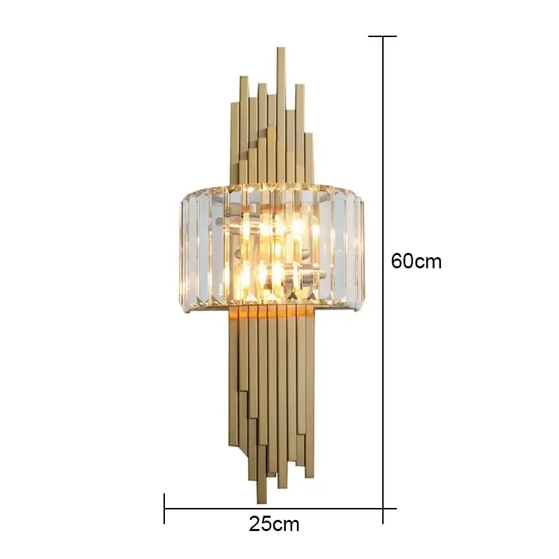 Gold-toned nordic wall sconce with vertical metallic rods and central crystal ring decorbites crystal wall sconce
