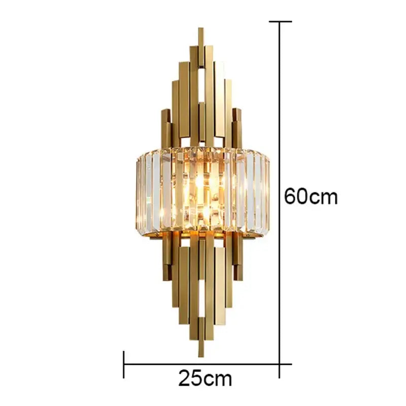 Gold-toned modern decorbites crystal wall sconce with vertical brass bars and central crystal cylinder for living room decor