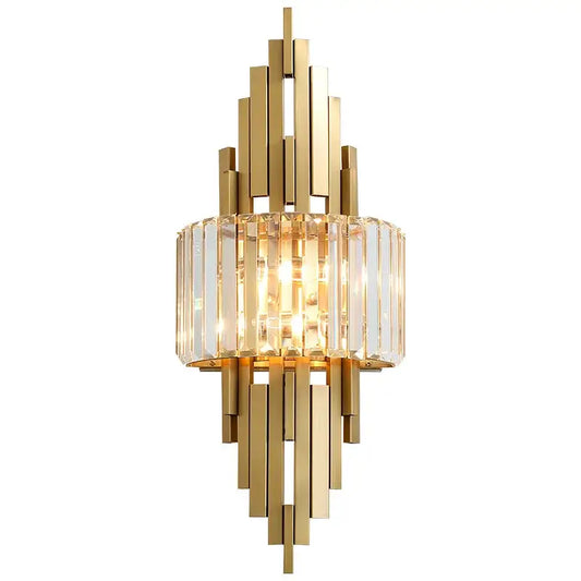 Nordic gold crystal wall sconce with vertical crystal rods and central glass panel for living room decorbites crystal wall
