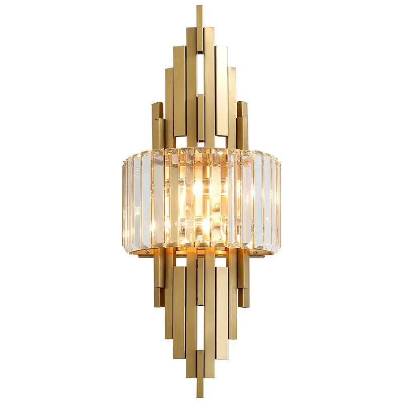 Nordic gold crystal wall sconce with vertical crystal rods and central glass panel for living room decorbites crystal wall