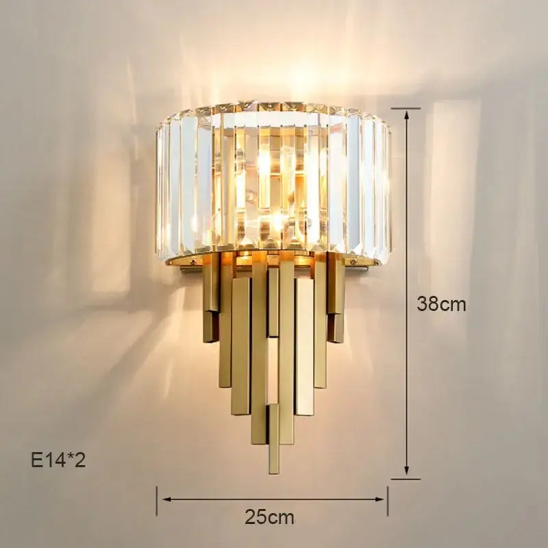 Gold-toned nordic wall sconce with cylindrical crystal cage and cascading bars for decorbites crystal wall sconce