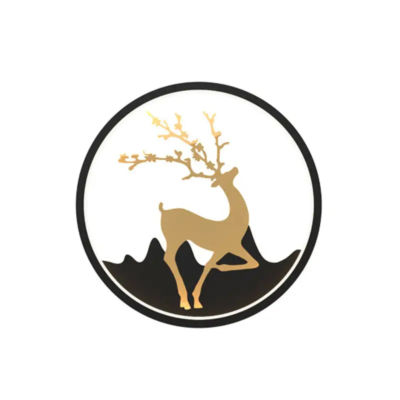 Nordic gold deer circle wall lamp features a gold deer silhouette with blossom antlers on a black white mountain range background