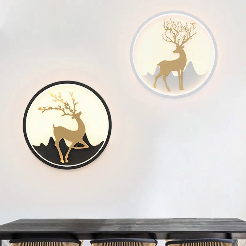 Nordic gold deer circle wall lamp fixture with black and white frame featuring golden deer silhouettes on cream background