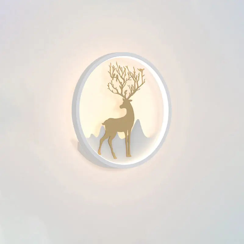 Nordic gold deer circle wall lamp with tree branch antler silhouette and softly glowing white led bulb included fixture