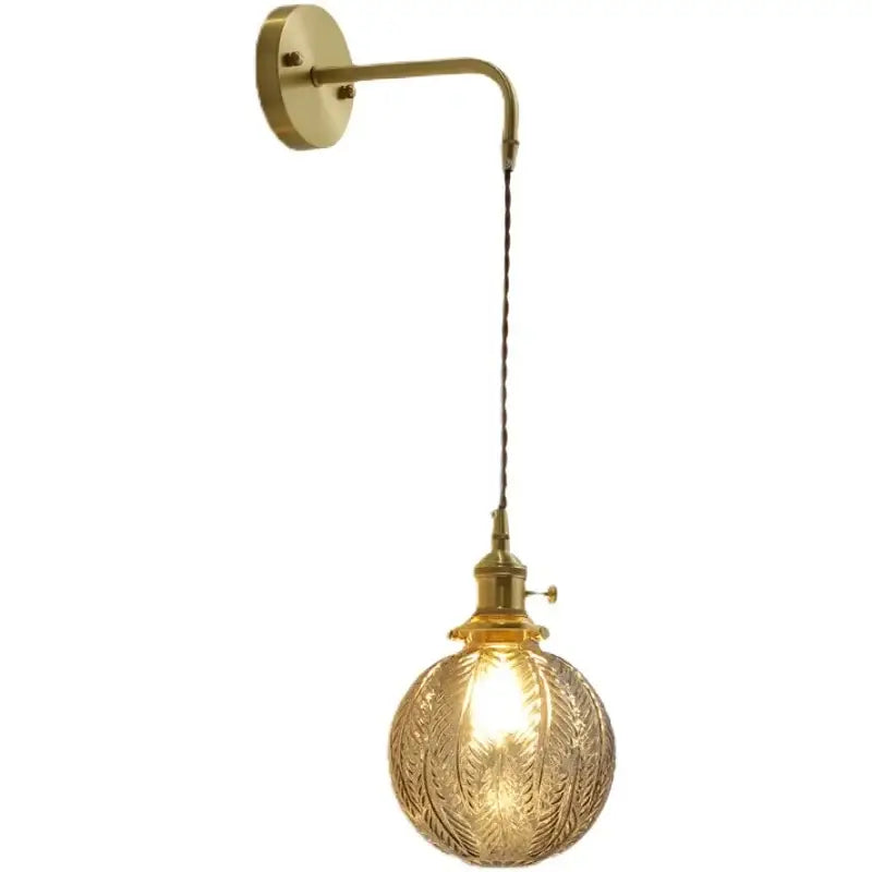 Nordic gold brass wall sconce lamp with etched glass globe and adjustable arm for bedroom lighting with braided cord