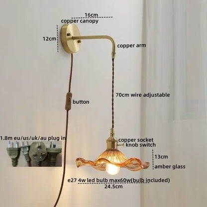 Copper wall sconce lamp with wavy amber glass shade and adjustable 70cm braided cord for bedroom use