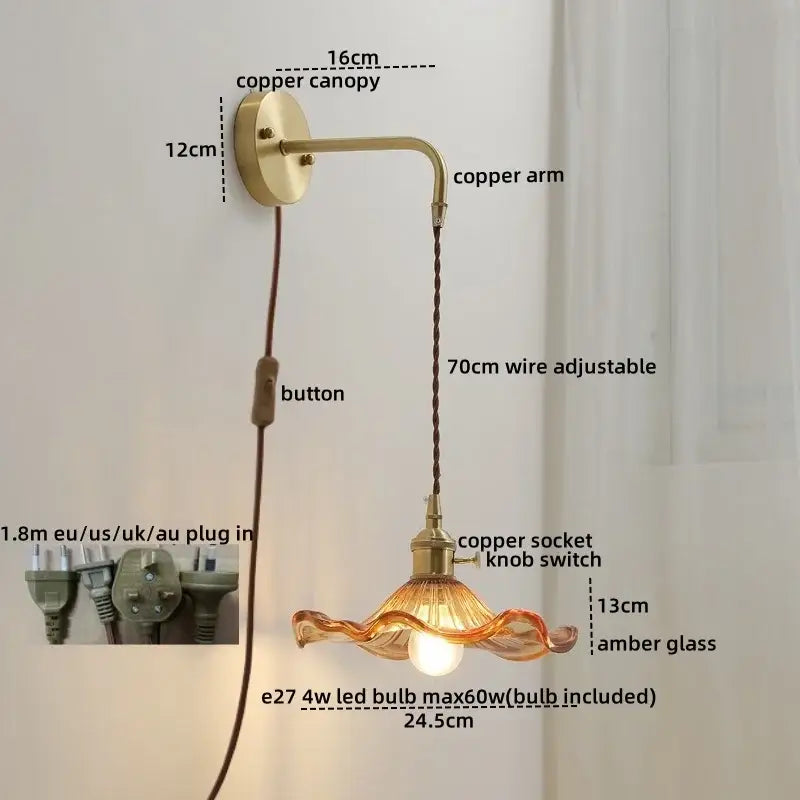 Copper wall sconce lamp with wavy amber glass shade and adjustable 70cm braided cord for bedroom use