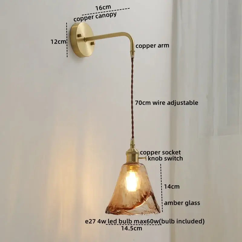 Nordic gold etched glass wall sconce lamp with warm amber pendant, brass copper arm, adjustable wire, and braided cord