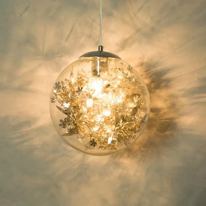 Nordic gold floral spherical glass led pendant lamp with metallic top and warm fairy lights for kitchen use