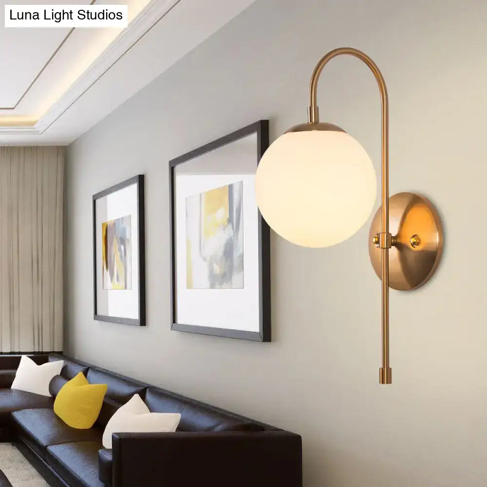 Brass-finished nordic gold wall sconce with curved arm and frosted milky glass shade for led 220v-240v 110v-120v lighting