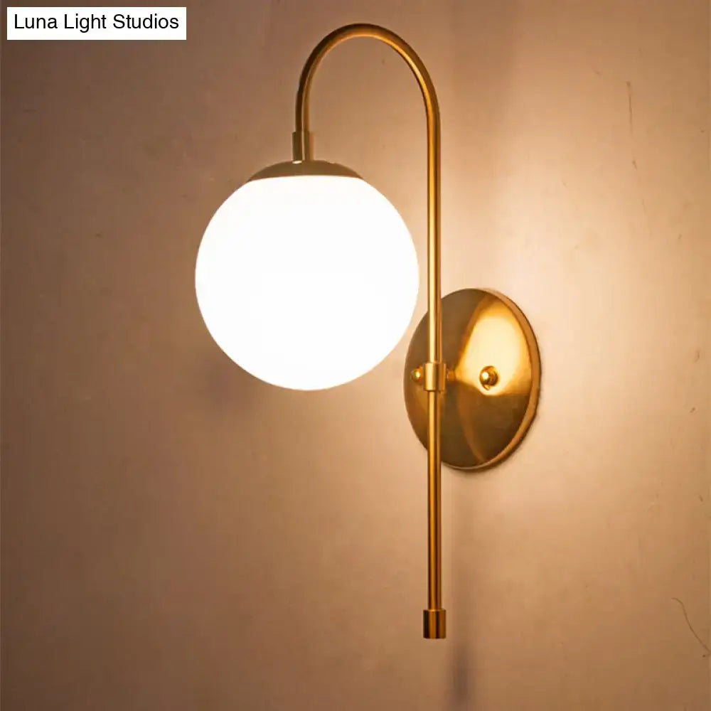 Nordic gold wall sconce with curved arm and milky glass shade compatible with 220v-240v led incandescent fluorescent bulbs