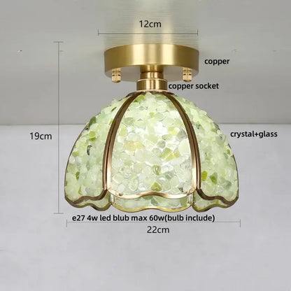 Nordic green and purple mosaic glass crystal ceiling light with delicate light green crystal and brass copper finish