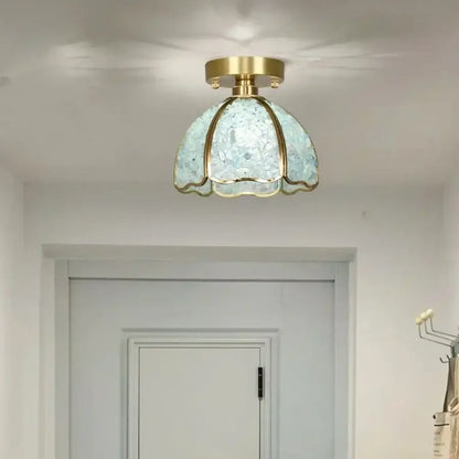 Delicate light blue textured glass crystal ceiling light with gold scalloped frame for bedroom use