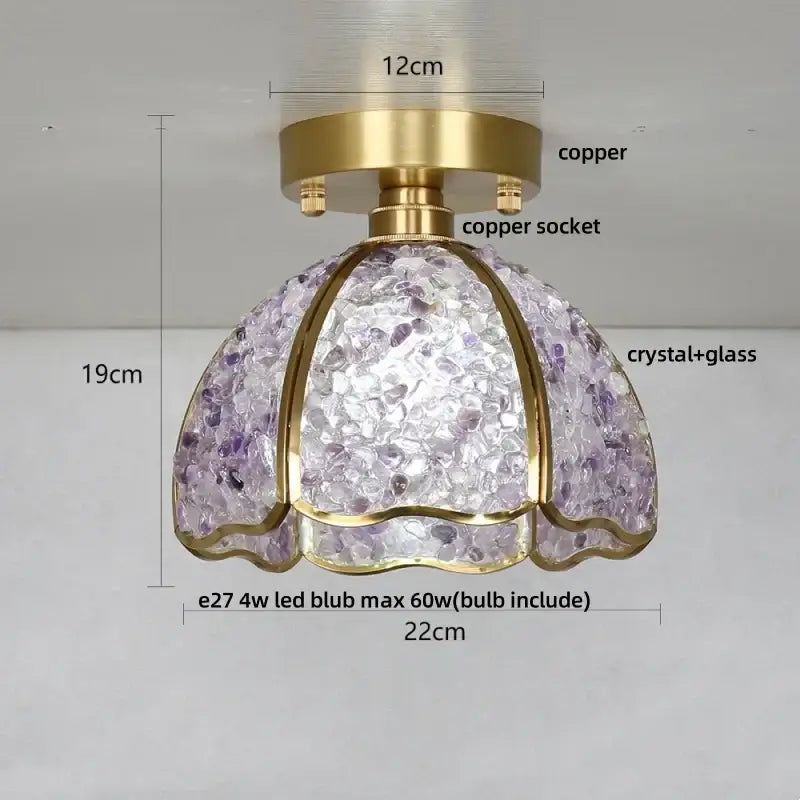 Nordic ceiling light with copper base and purple clear glass crystal ceiling shade for bedroom decor