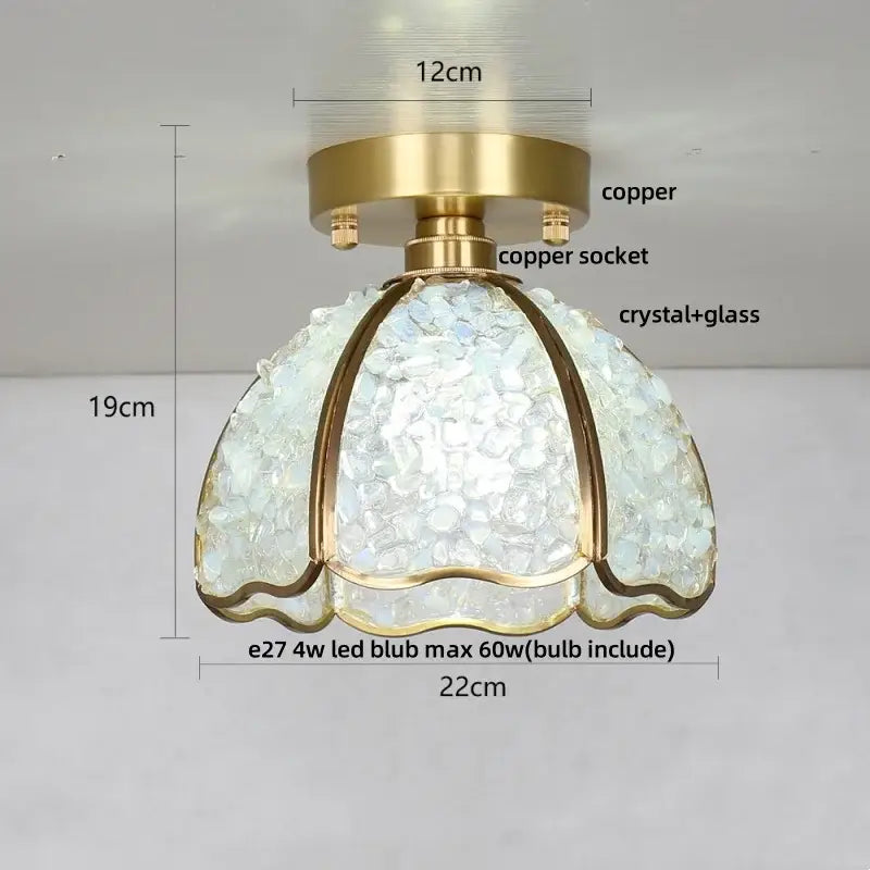 Nordic green and purple mosaic glass crystal ceiling light with a brass copper base and scalloped dome shade for bedroom