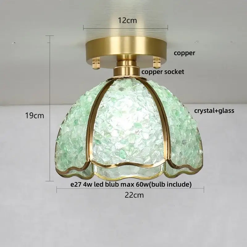 A delicate mint-green glass crystal ceiling light with a brass copper finish and scalloped design for bedrooms