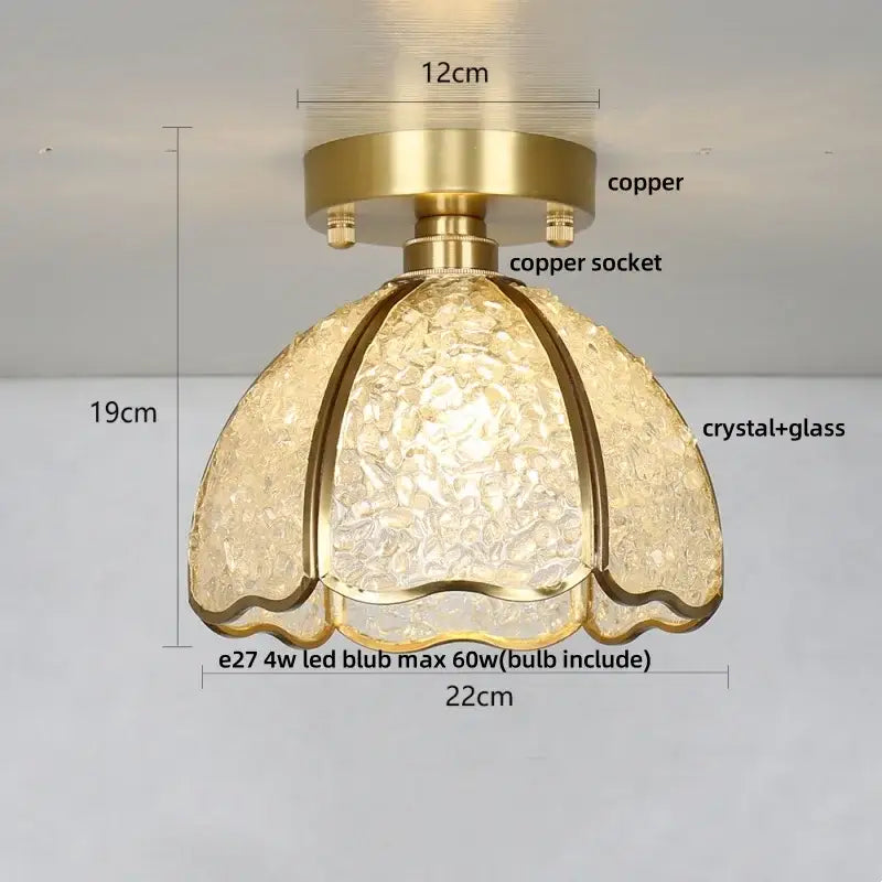A golden copper ceiling light with textured green and purple mosaic glass crystal shade for bedroom use