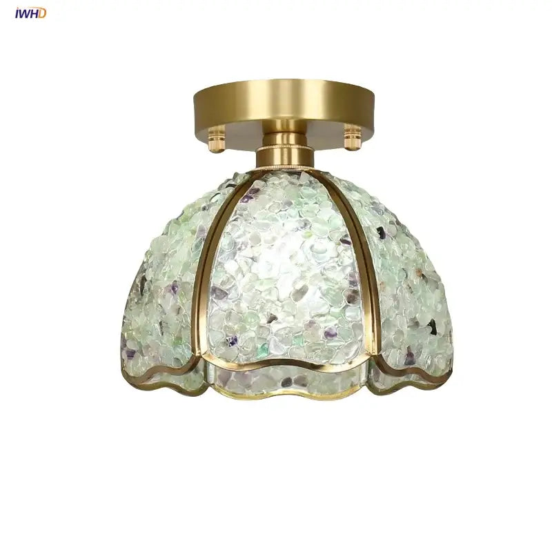 Nordic bedroom ceiling light with brass frame and dome-shaped green and purple glass crystal ceiling shade