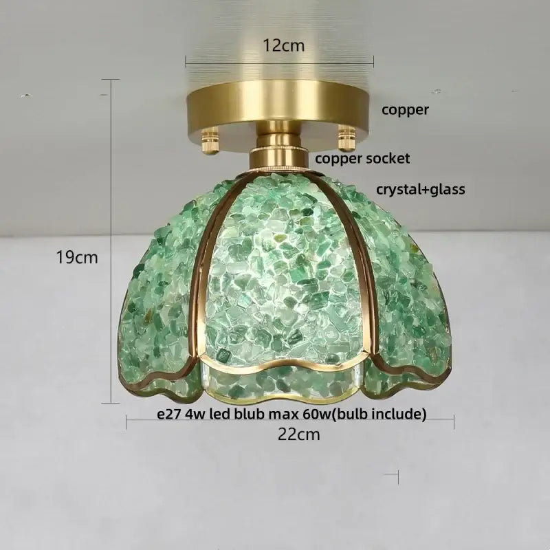 Nordic green and purple mosaic glass crystal ceiling light featuring a green crystal and brass copper finish pendant