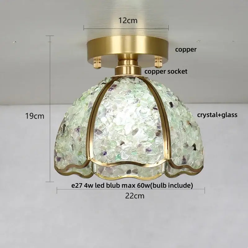 A nordic green and purple mosaic glass crystal ceiling light with copper base and ornate gold-toned frame