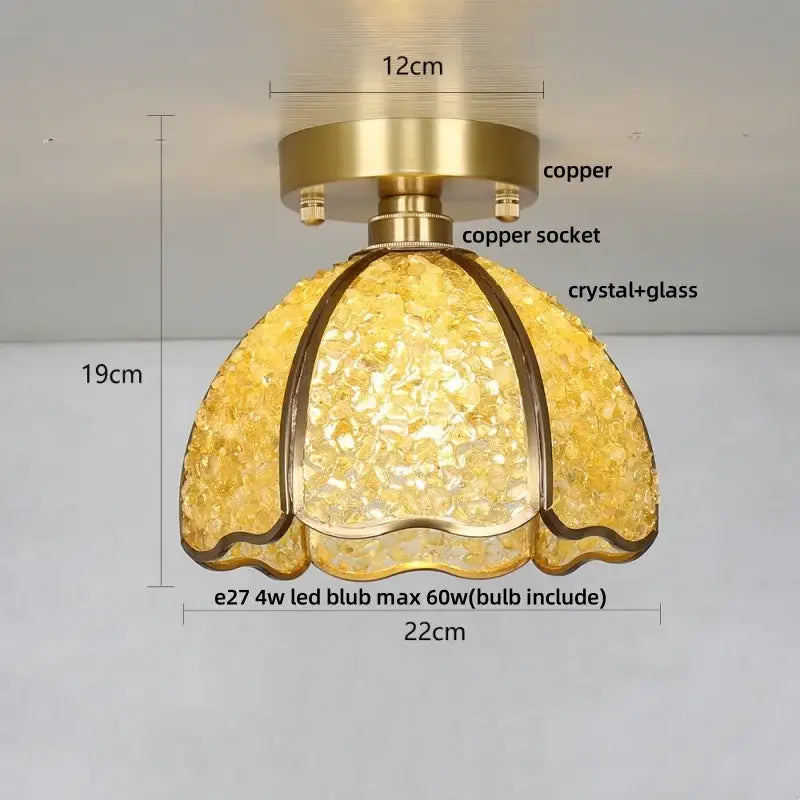 Golden copper-finished ceiling light with textured amber glass crystal shade for nordic green and purple mosaic glass crystal ceiling light bedroom