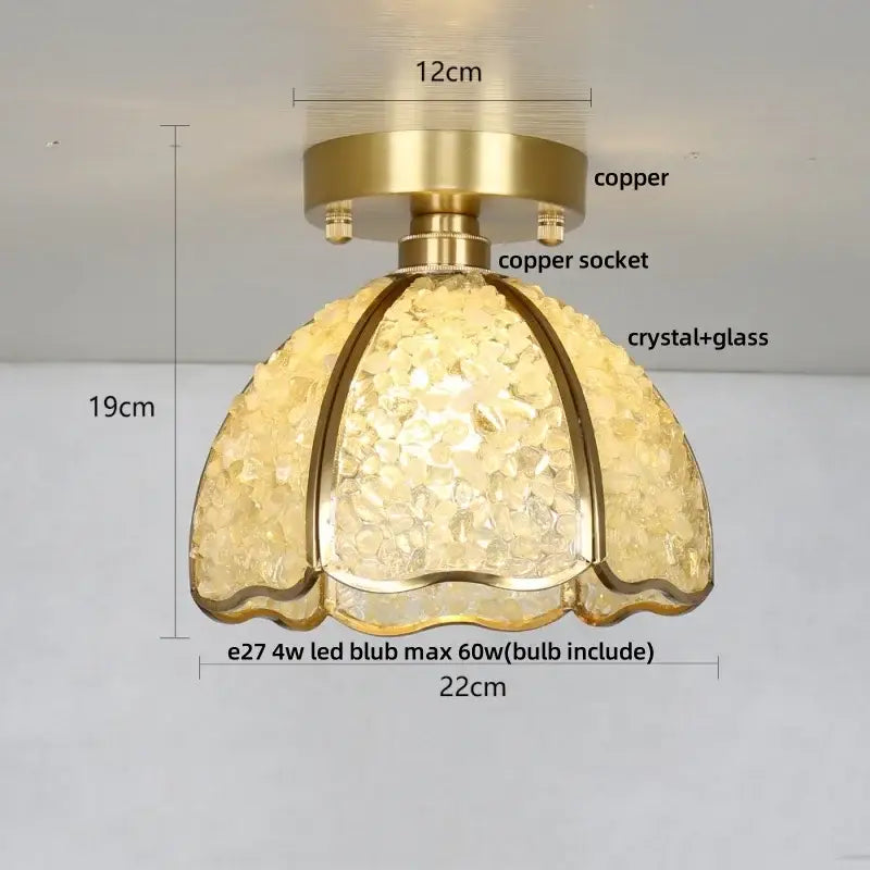 Gold-toned copper ceiling light with textured amber glass crystal shade for bedroom use in nordic green and purple mosaic style